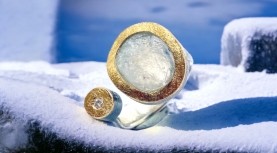 OVAL ROUGH MOONSTONE RING WITH DIAMOND IN SILVER AND GOLD